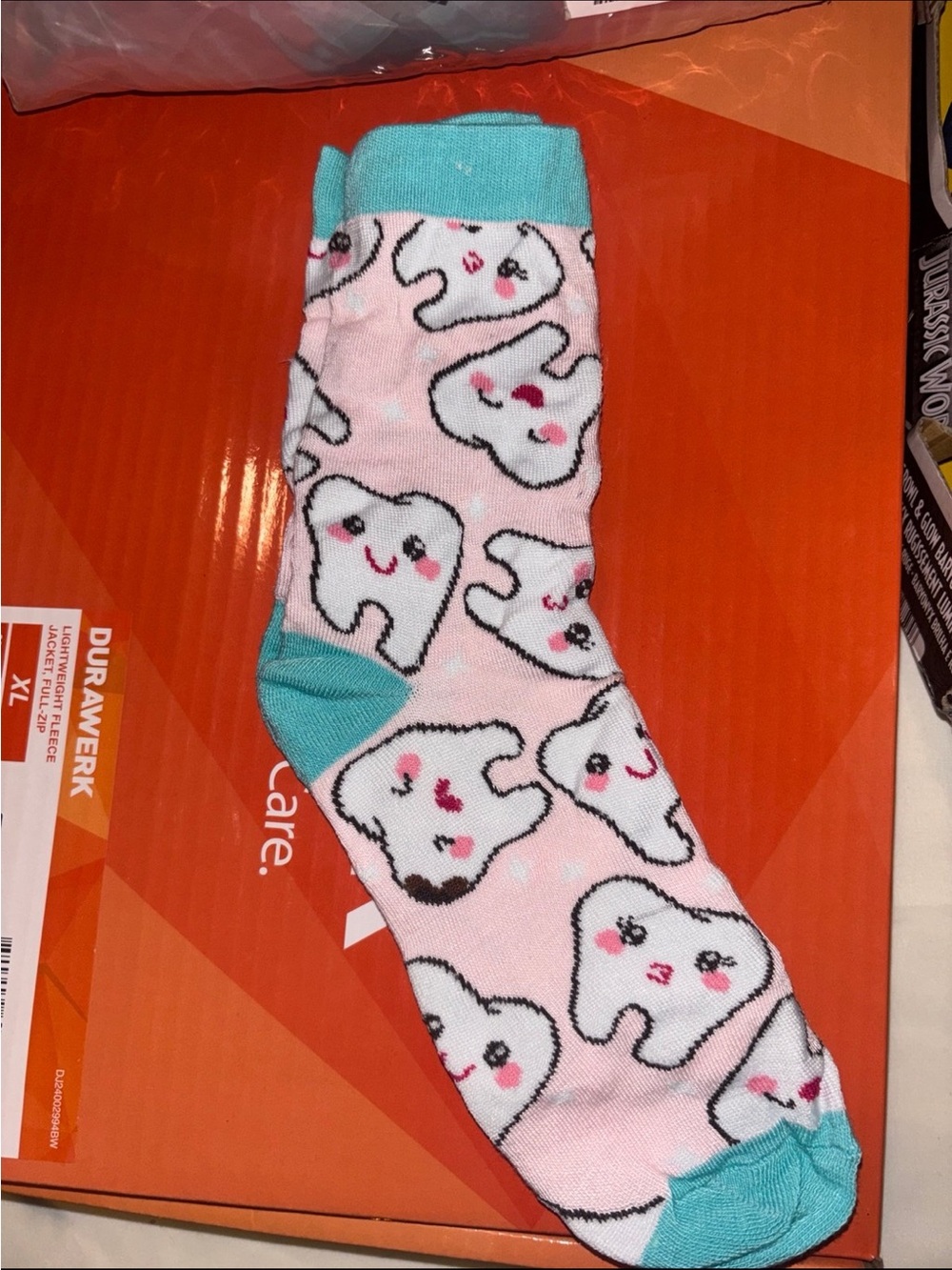 Pink Tooth Pattern Crew Socks with Teal Accents